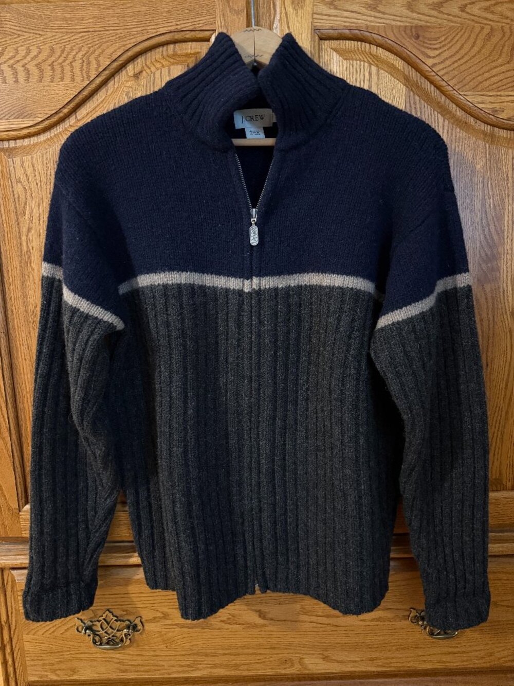 J. Crew Full Zip Wool Sweater Navy Gray Tan Ribbed Mock Neck Knit Size Large